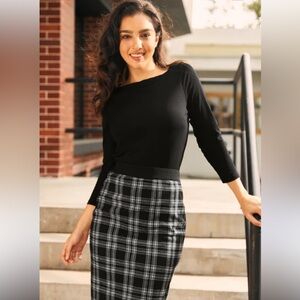Vintage Style Classic Black and White Plaid Skirt and Black Top